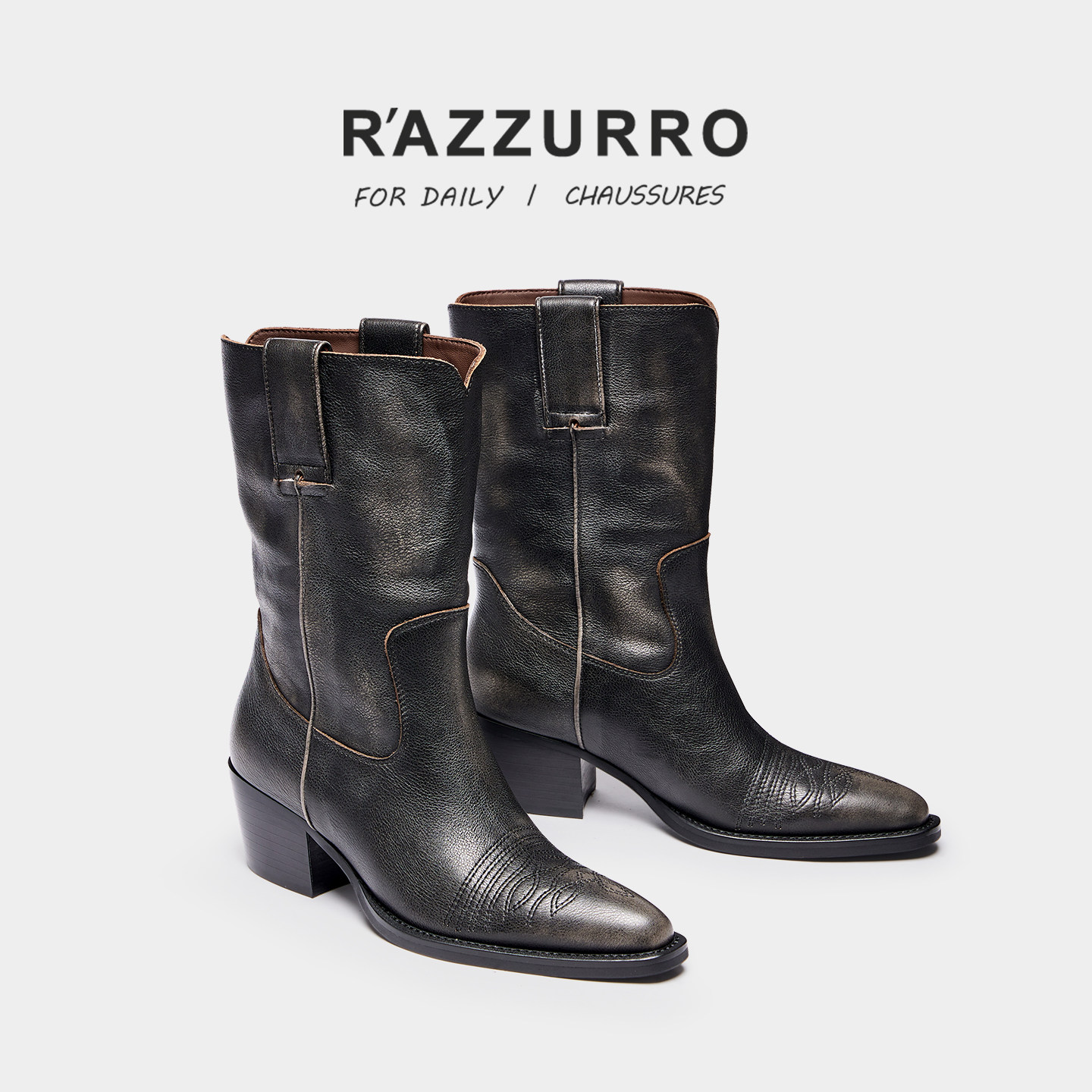 R'AZZURRO 2025年秋冬新款 刺绣复古真皮尖头中筒靴 时髦骑士靴女