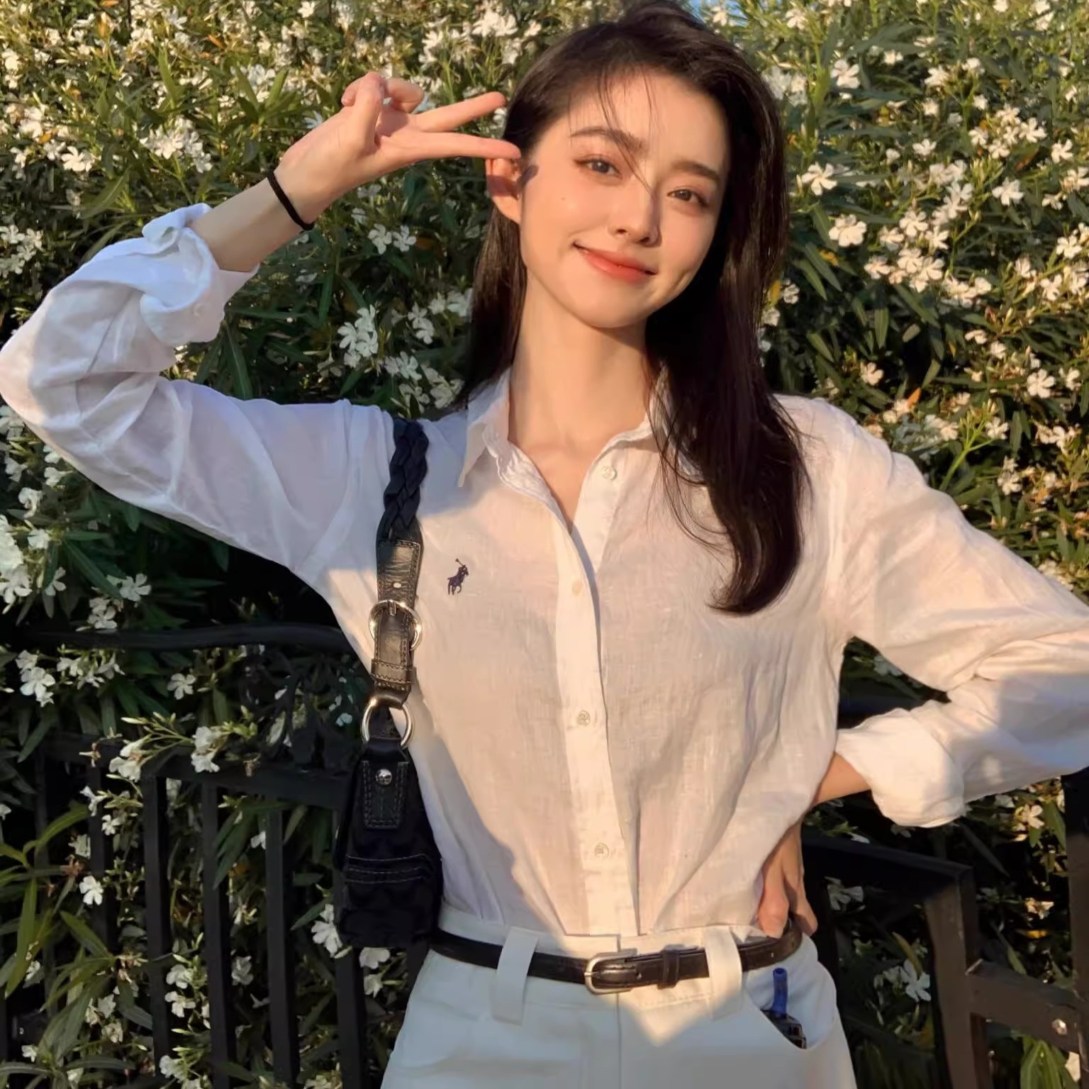 奥莱拉夫亚麻衬衫小马标刺绣女夏季薄款防晒衣长袖白衬衣外套名媛