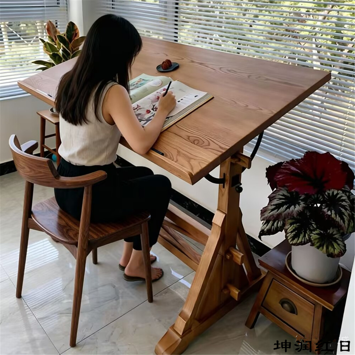 北美黑胡桃木翻转实木书桌可调节美术绘画写字桌设计师原木工作台