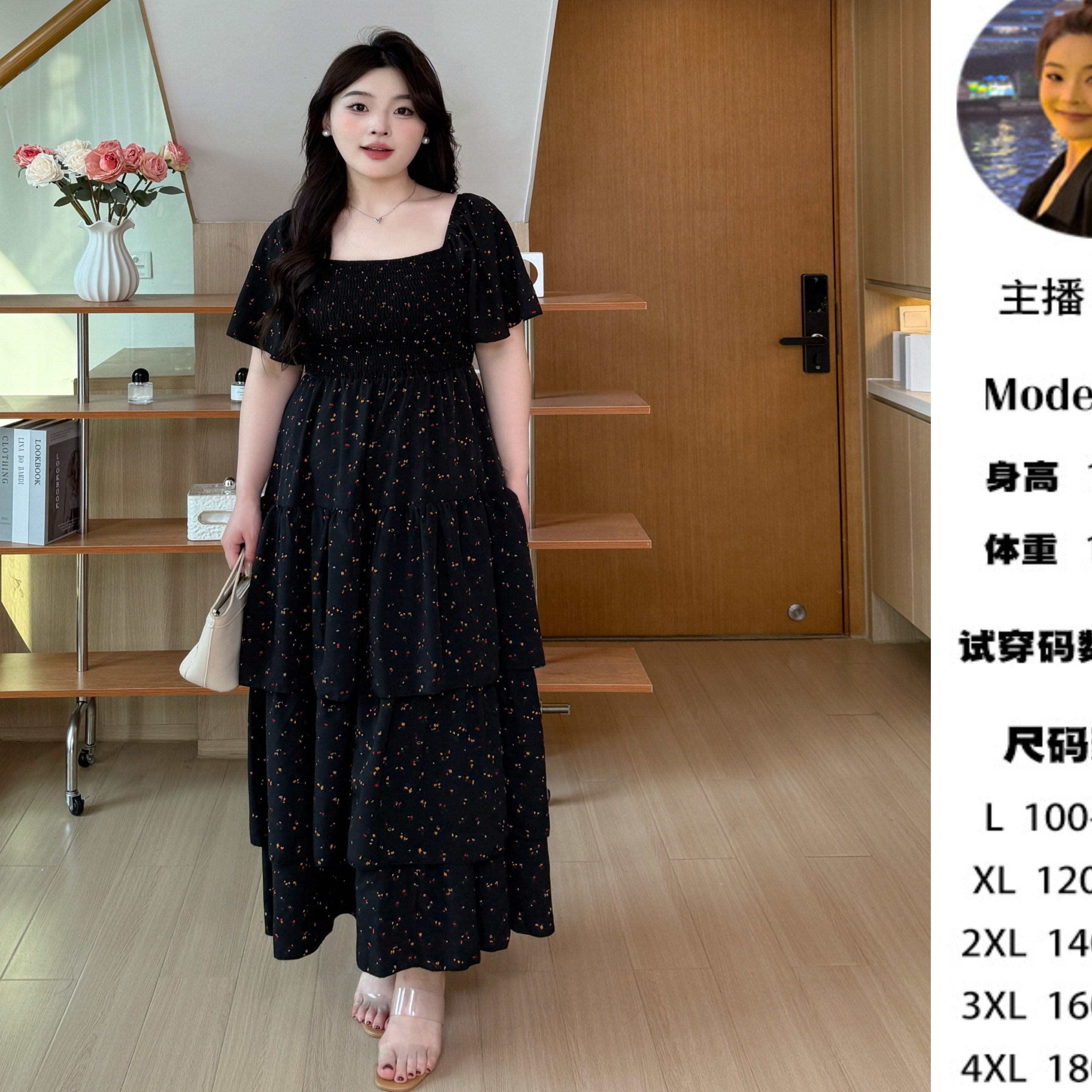 心心【仲夏花日-短袖】2026欧若风碎花大码显瘦短袖蛋糕连衣裙