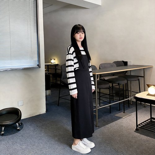 慕翎大码女装秋装2026新款条纹上衣背带连衣裙减龄套装胖妹妹mm