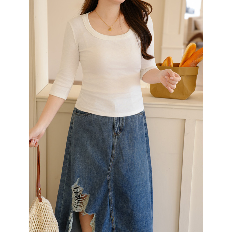 慕翎大码女装夏季通勤两件套胖妹妹mm中袖T恤牛仔半身裙简约套装