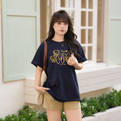 慕翎大码女装卡通狗狗印花短袖T恤胖MM夏宽松圆领上衣通勤穿搭