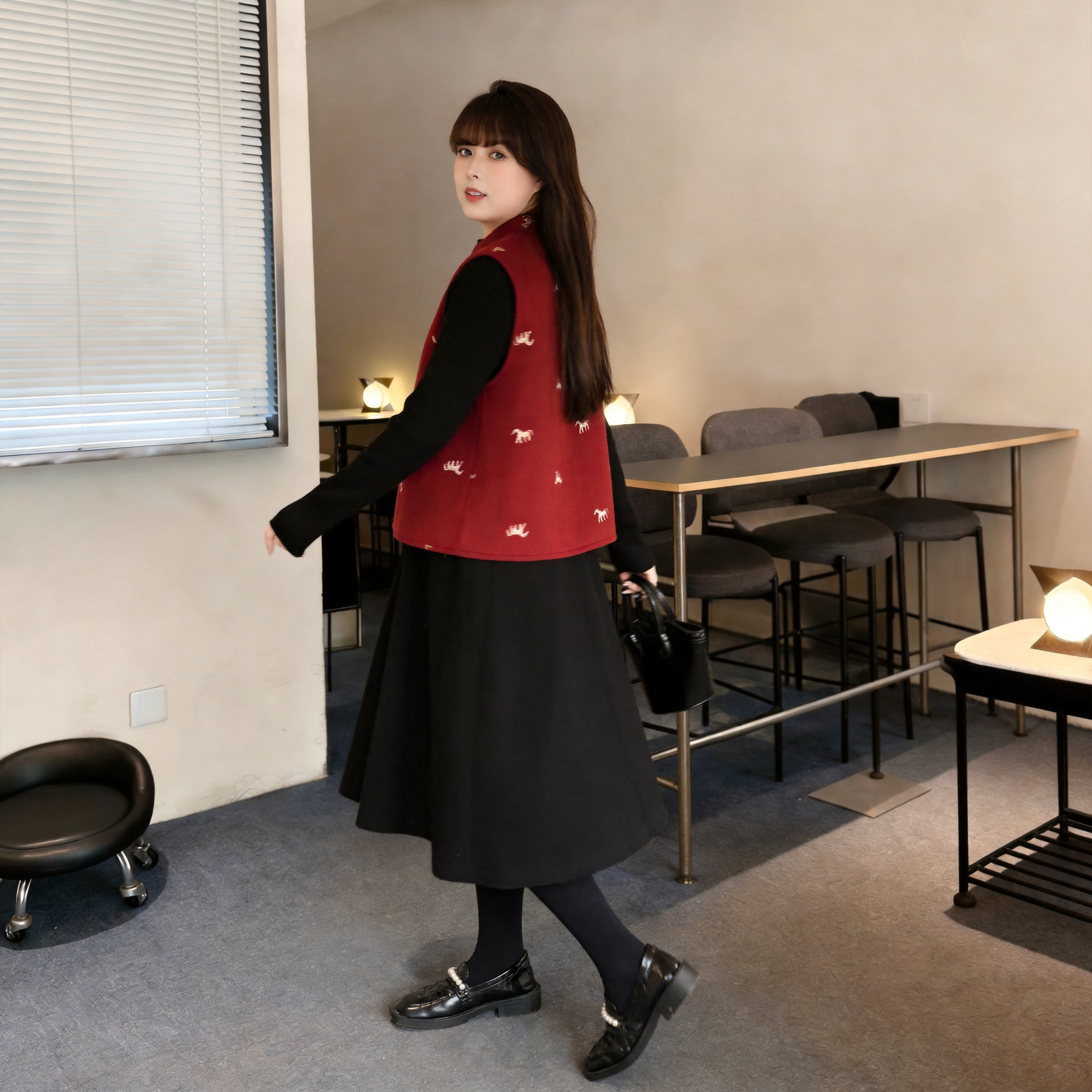 慕翎大码女装红色马甲两件套胖MM显瘦A字裙中长款套装中国风秋装