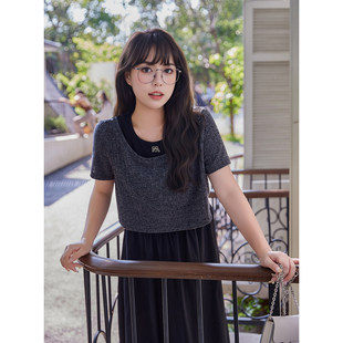 大码女装胖mm显瘦夏装【凹细腰线】真两件罩衫韩范连衣裙两件套装