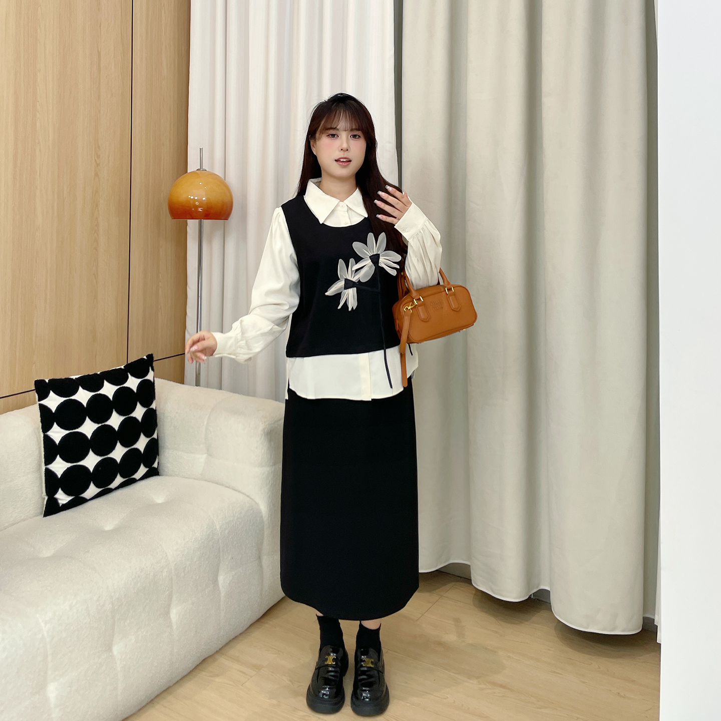 慕翎大码女装胖mm假两件上衣女秋冬新款显瘦遮肉长袖半身裙套装