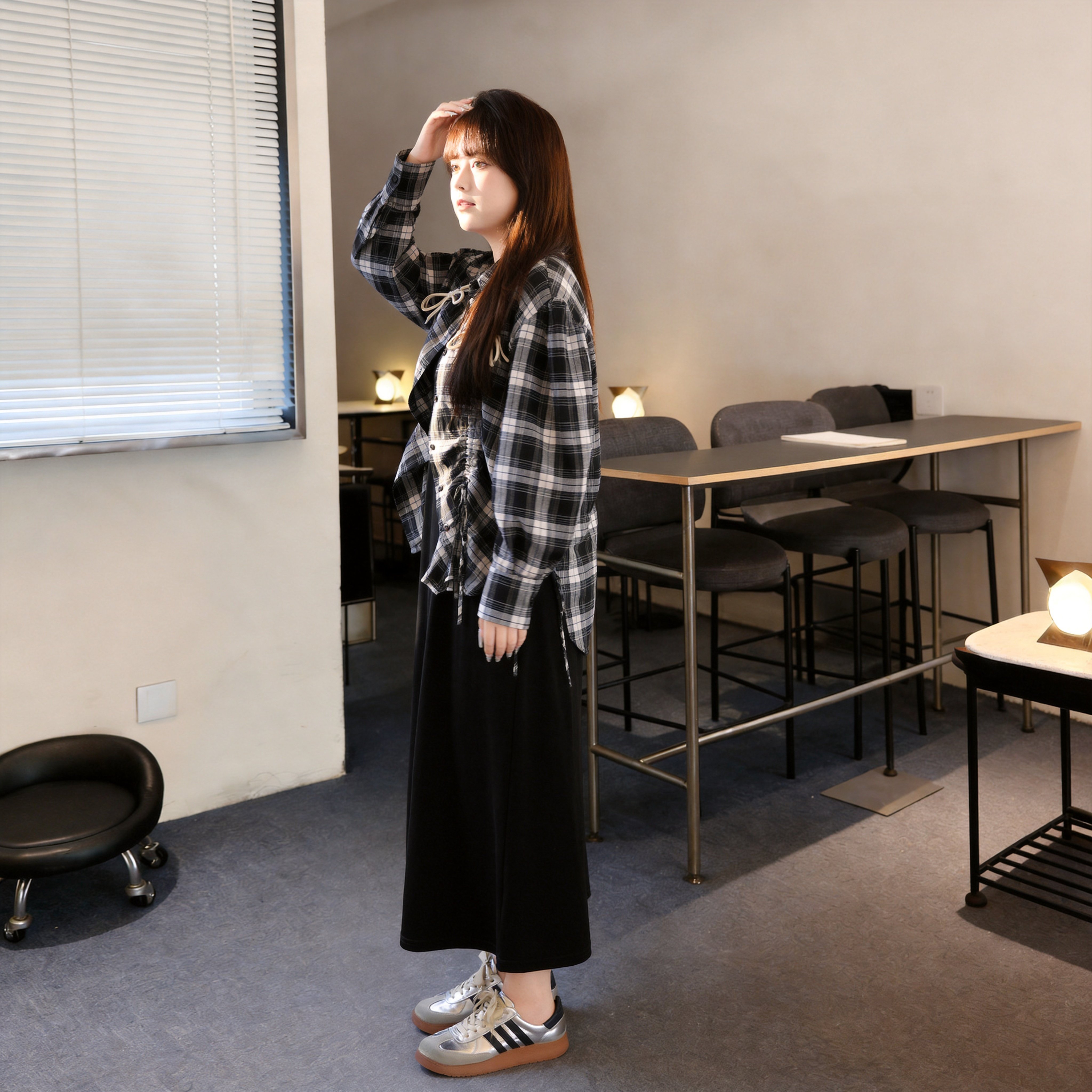 慕翎大码女装格子衬衫吊带裙女新款两件套胖妹妹mm宽松显瘦套装秋