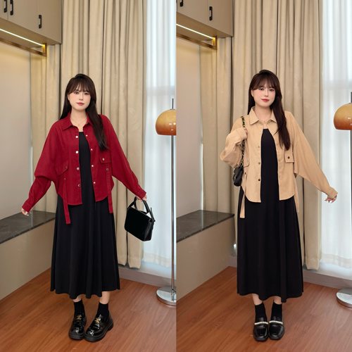 慕翎大码女装设计感蝙蝠外套显瘦吊带裙两件套女秋冬胖mm时尚气质