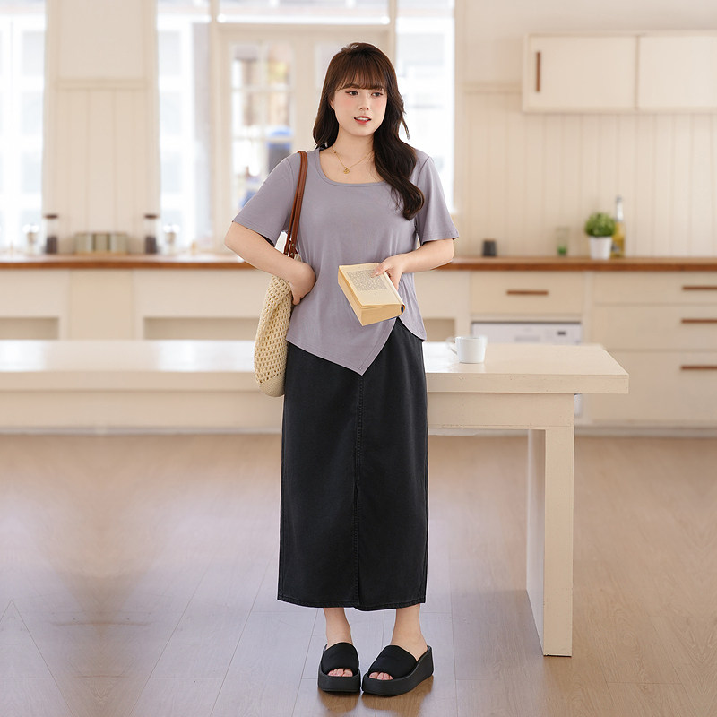 慕翎大码女装夏季韩版通勤风上衣两件套胖MM显瘦百搭A字裙套装女