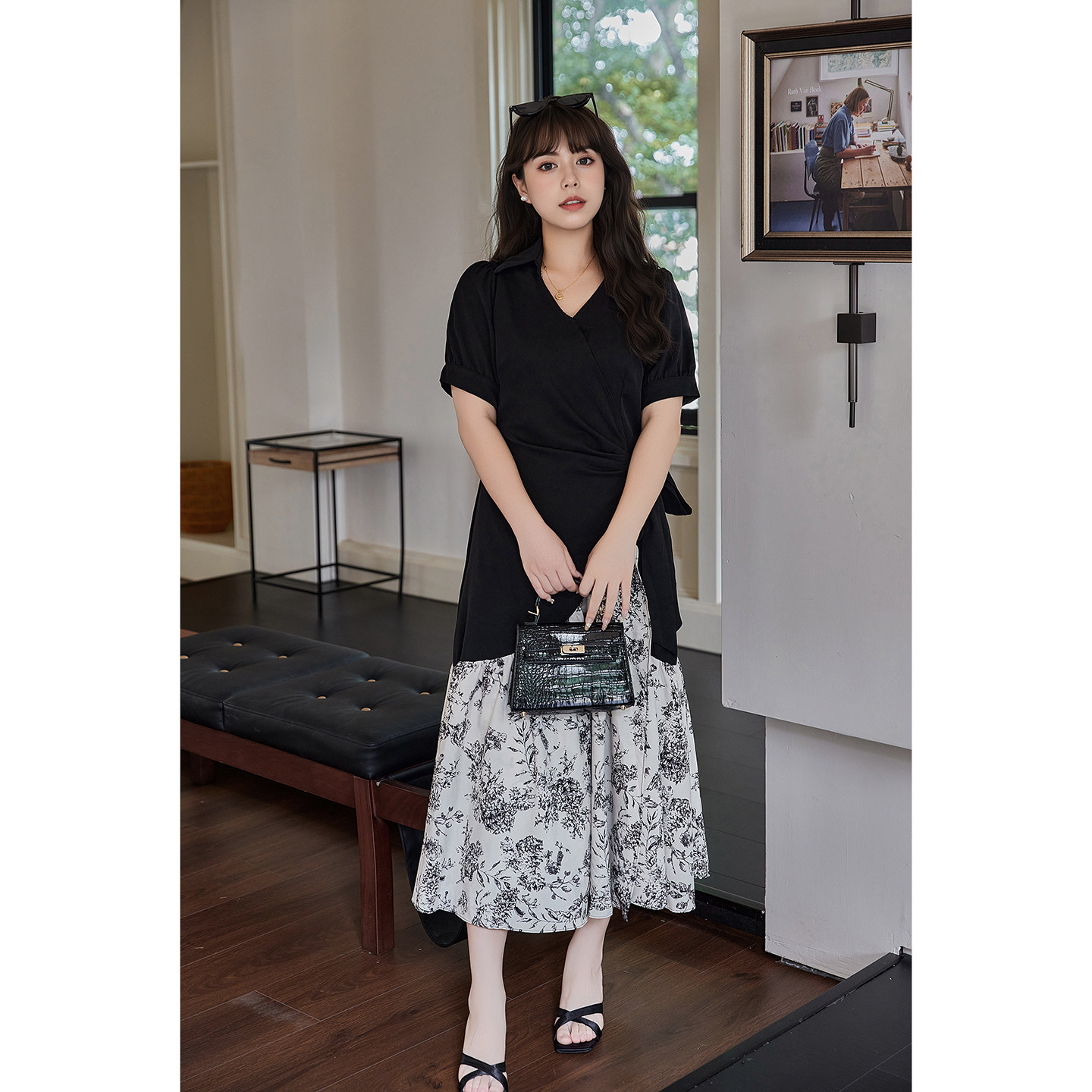 大码女装胖mm【东方美学】不规则拼接碎花国风度假大码显瘦连衣裙
