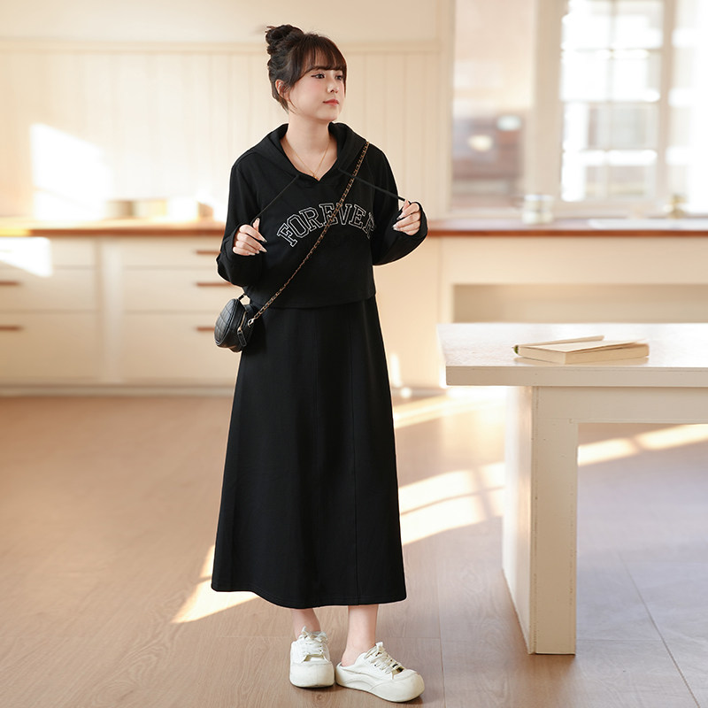 慕翎大码女装休闲黑色连帽卫衣两件套胖妹妹mm宽松显瘦背心裙套装