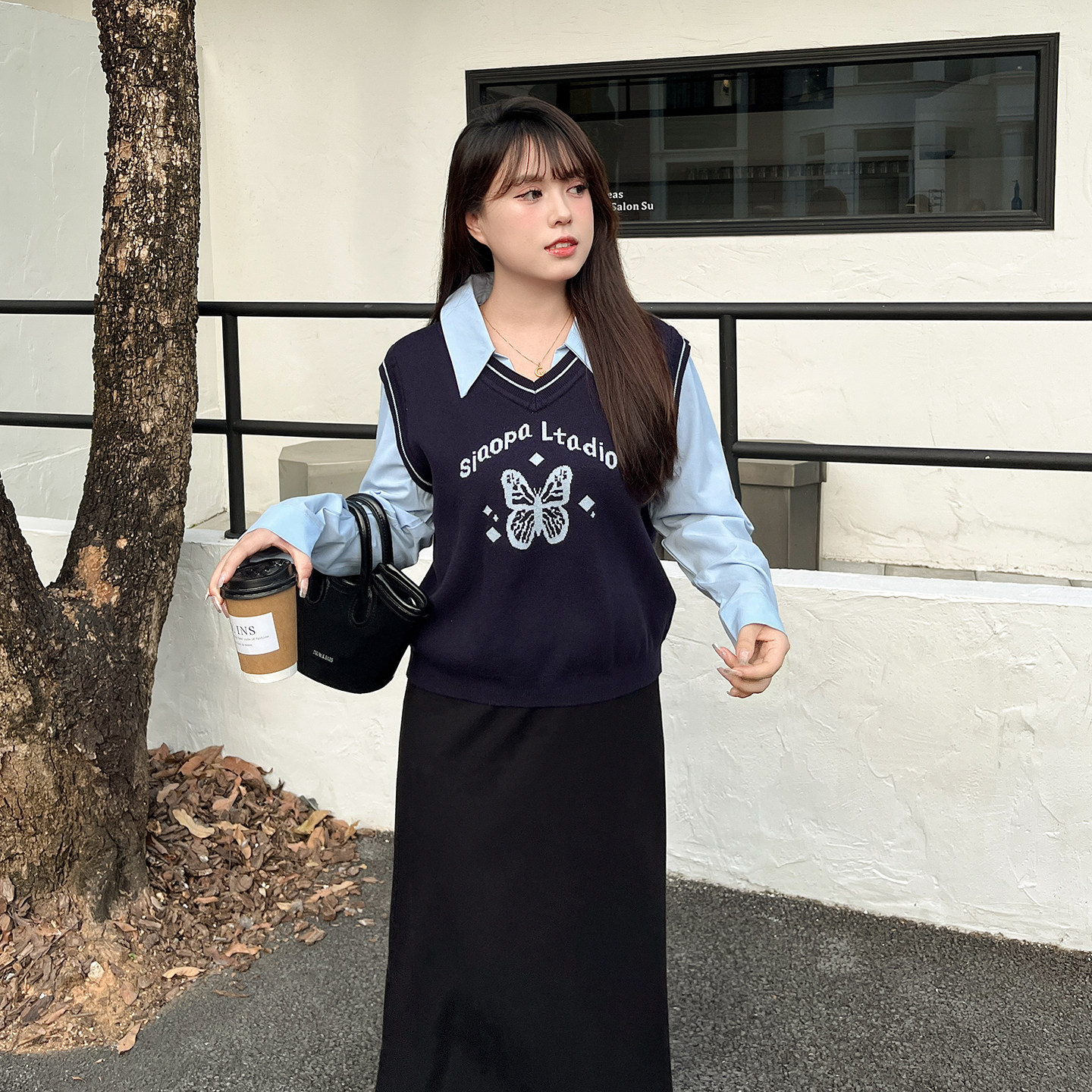 慕翎大码女装胖mm假两件针织上衣女秋冬新款显瘦遮肉半身裙套装