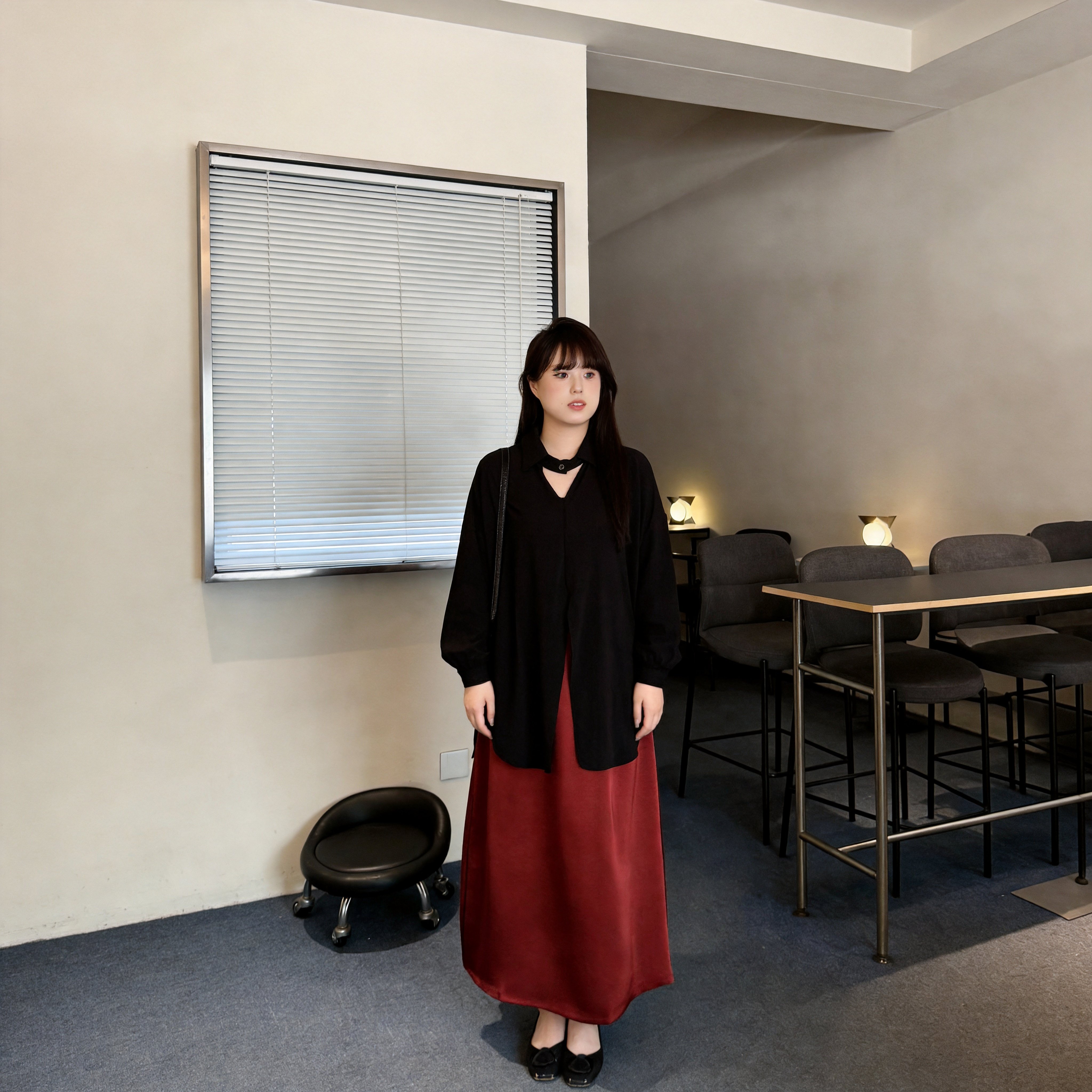 慕翎大码女装红色V领飘带衬衫套装秋装半身裙显瘦通勤两件套胖MM