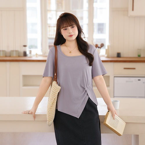 慕翎大码女装短袖T恤女夏季胖妹妹mm紫色通勤风方领修身减龄上衣