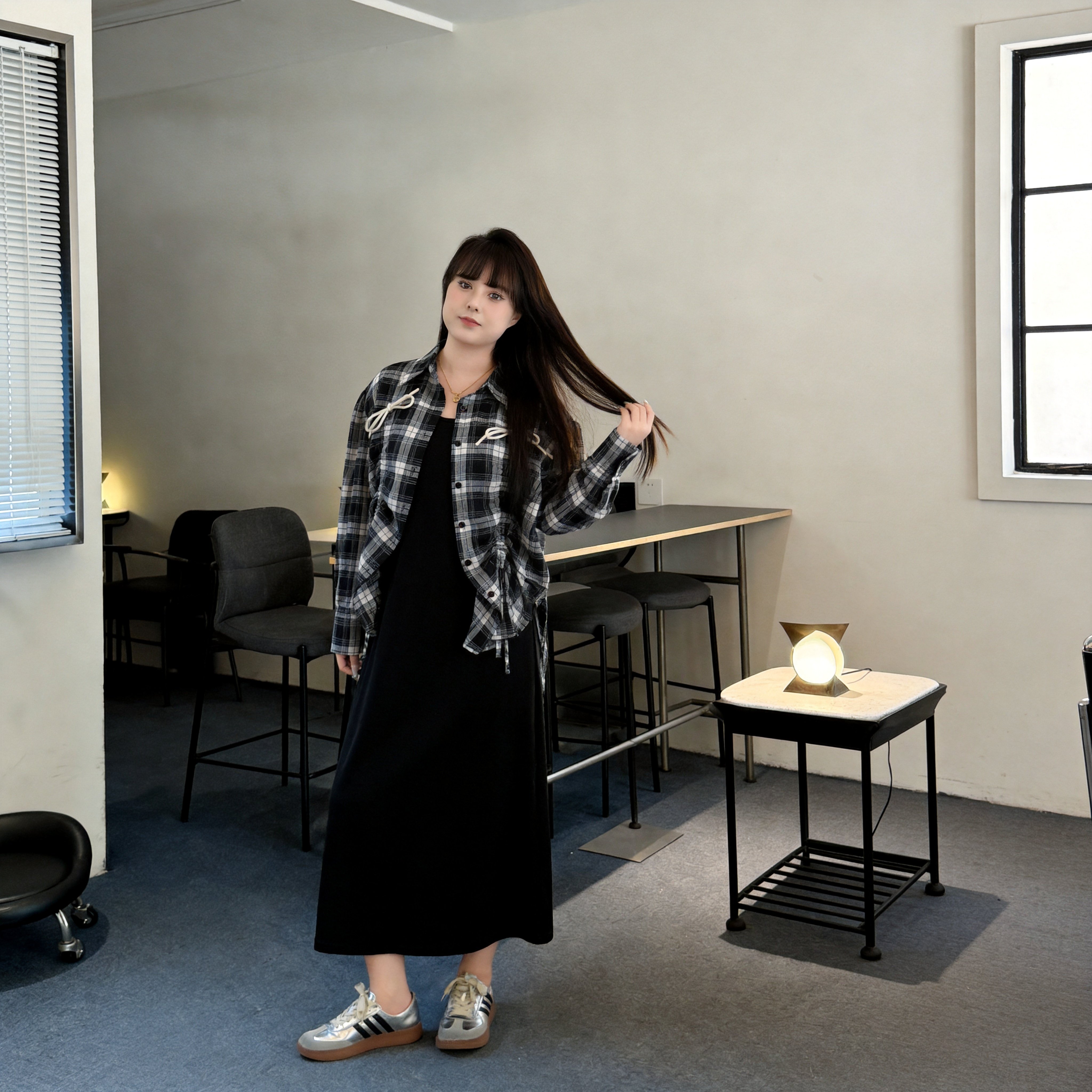 慕翎大码女装格子衬衫吊带裙女新款两件套胖妹妹mm宽松显瘦套装秋