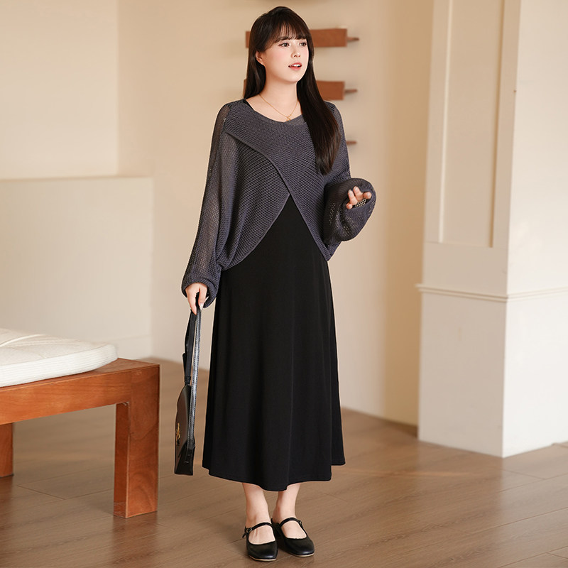 慕翎大码女装慵懒风假两件卫衣裙胖妹妹春秋宽松显瘦中长款套装裙