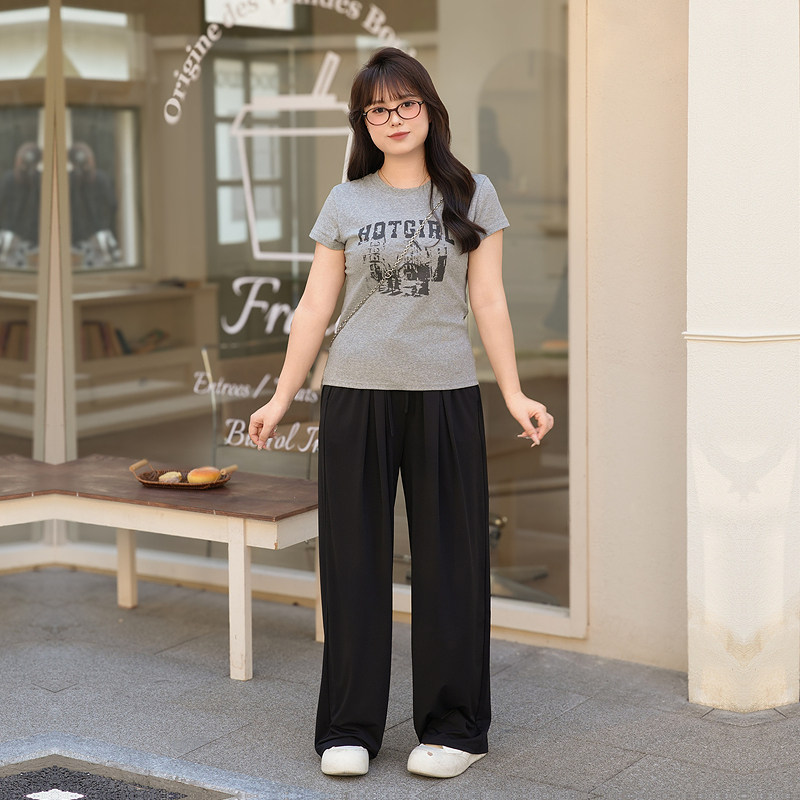 慕翎大码女装夏季韩系减龄印花短袖T恤阔腿裤两件套胖MM显瘦套装