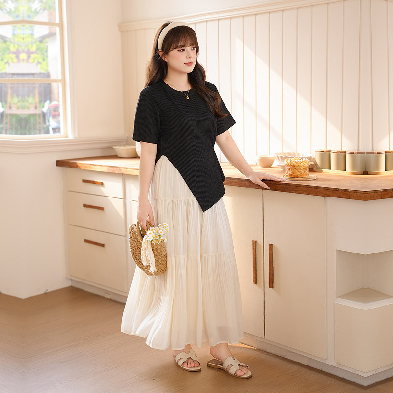 慕翎大码女装夏季通勤风黑白撞色两件套胖MM韩版遮肉显瘦气质套装