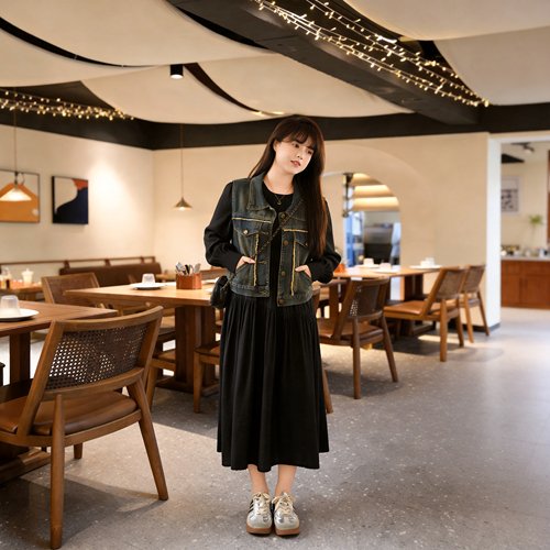 慕翎大码女装牛仔马甲连衣裙两件套胖mm秋装遮肉显瘦洋气通勤套装