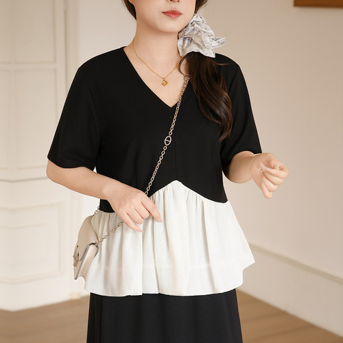 慕翎大码女装通勤风V领黑白撞色假两件短袖T恤胖MM显瘦百搭上衣夏