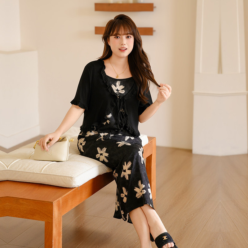 慕翎大码女装韩版通勤两件套胖MM夏季宽松显瘦印花上衣半身裙套装