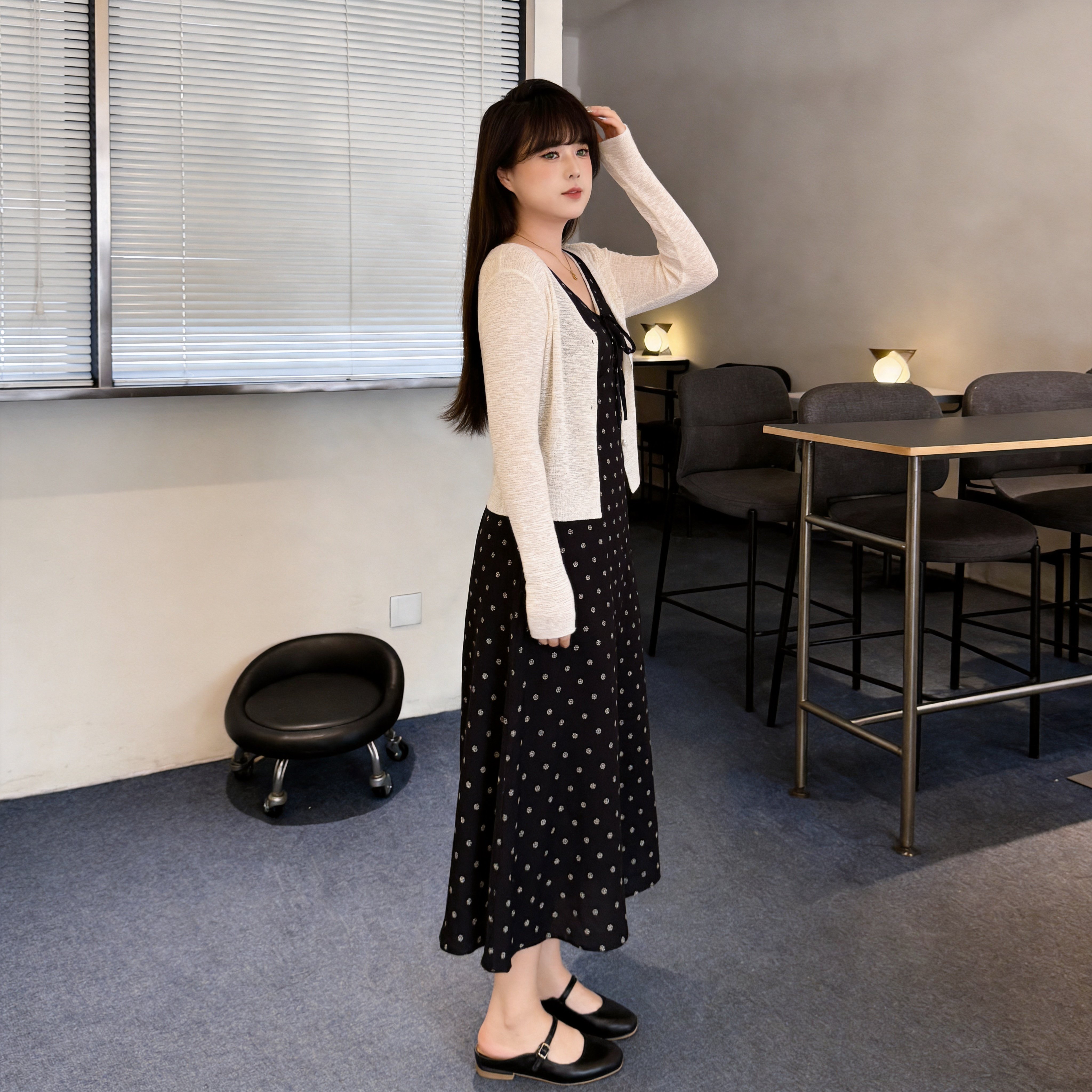 慕翎大码女装波点裙两件套胖妹妹mm遮肉显瘦V领长裙开衫套装秋装