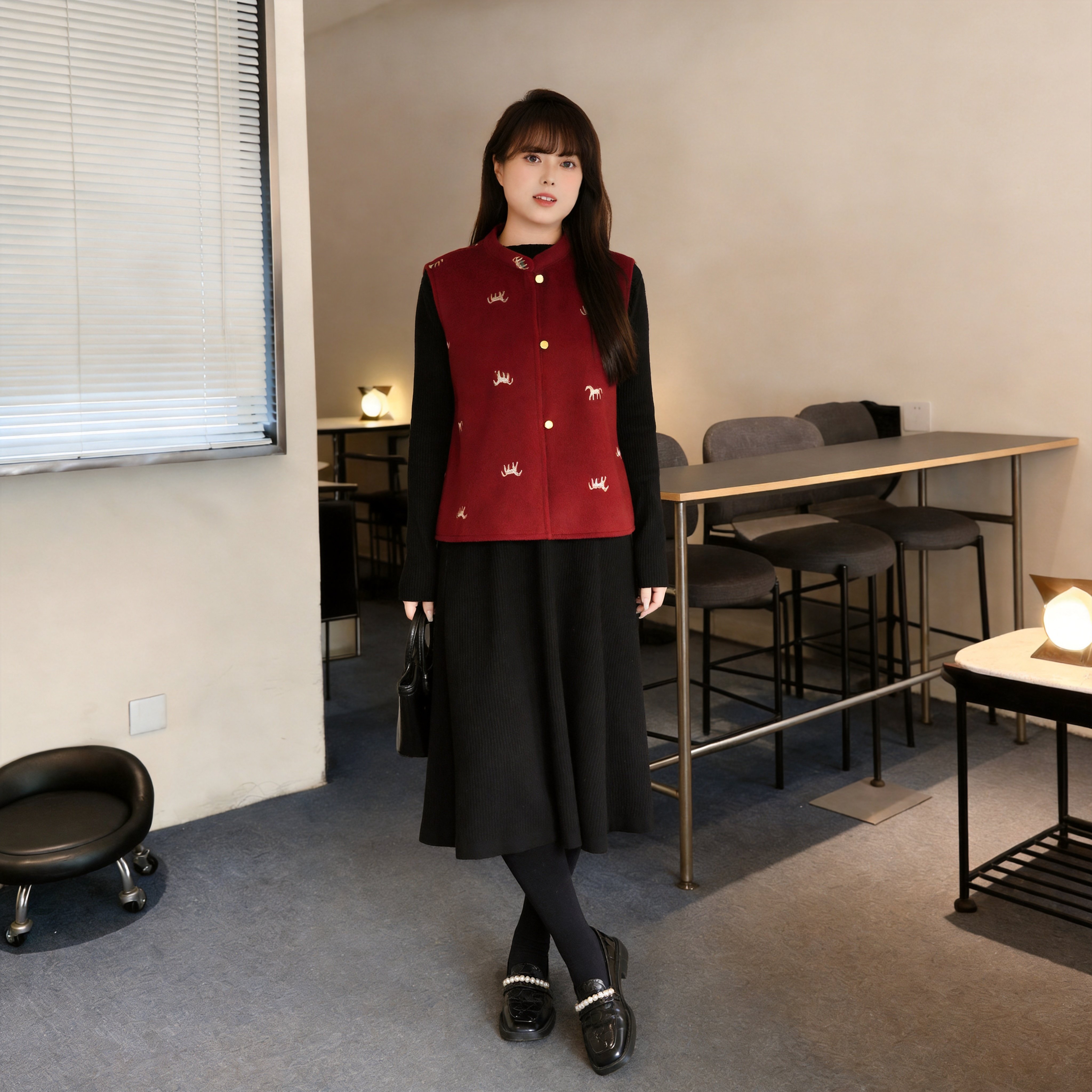 慕翎大码女装红色马甲两件套胖MM显瘦A字裙中长款套装中国风秋装