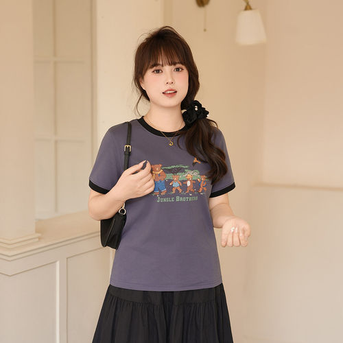 慕翎大码女装美式卡通印花撞色圆领短袖T恤胖妹妹MM夏季简约上衣