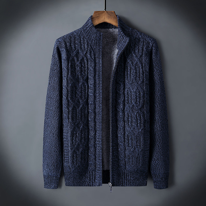 毛衣外套男加绒加厚秋冬季保暖外穿毛线衣宽松百搭立领针织开衫潮
