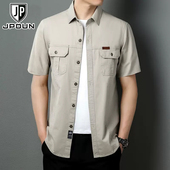 翻领t恤宽松大码 2025夏季 商务休闲纯棉衬衣潮 衬衫 男薄款 工装 短袖