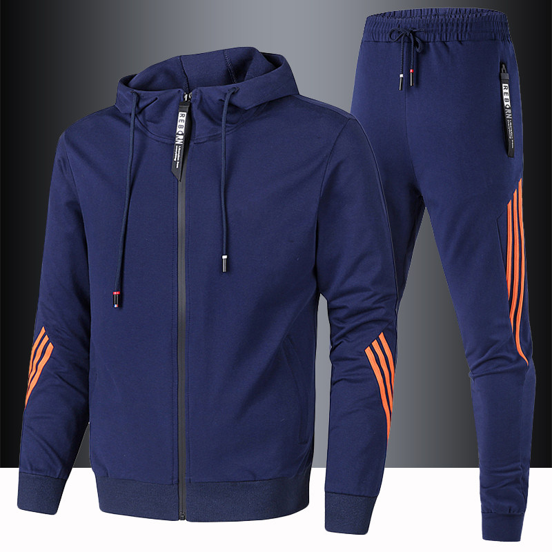 纯棉长袖套装男春秋跑步运动服连帽卫衣开衫长裤休闲大码两件一套