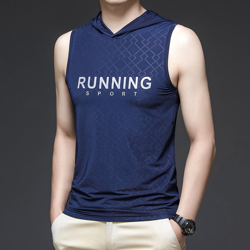 冰丝汗背心男夏季薄款连帽坎肩跑步健身透气套头无袖运动速干衣潮