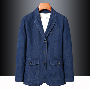 便服单西 翻领上衣宽松大码 牛仔西服男春秋季 商务休闲中老年爸爸装