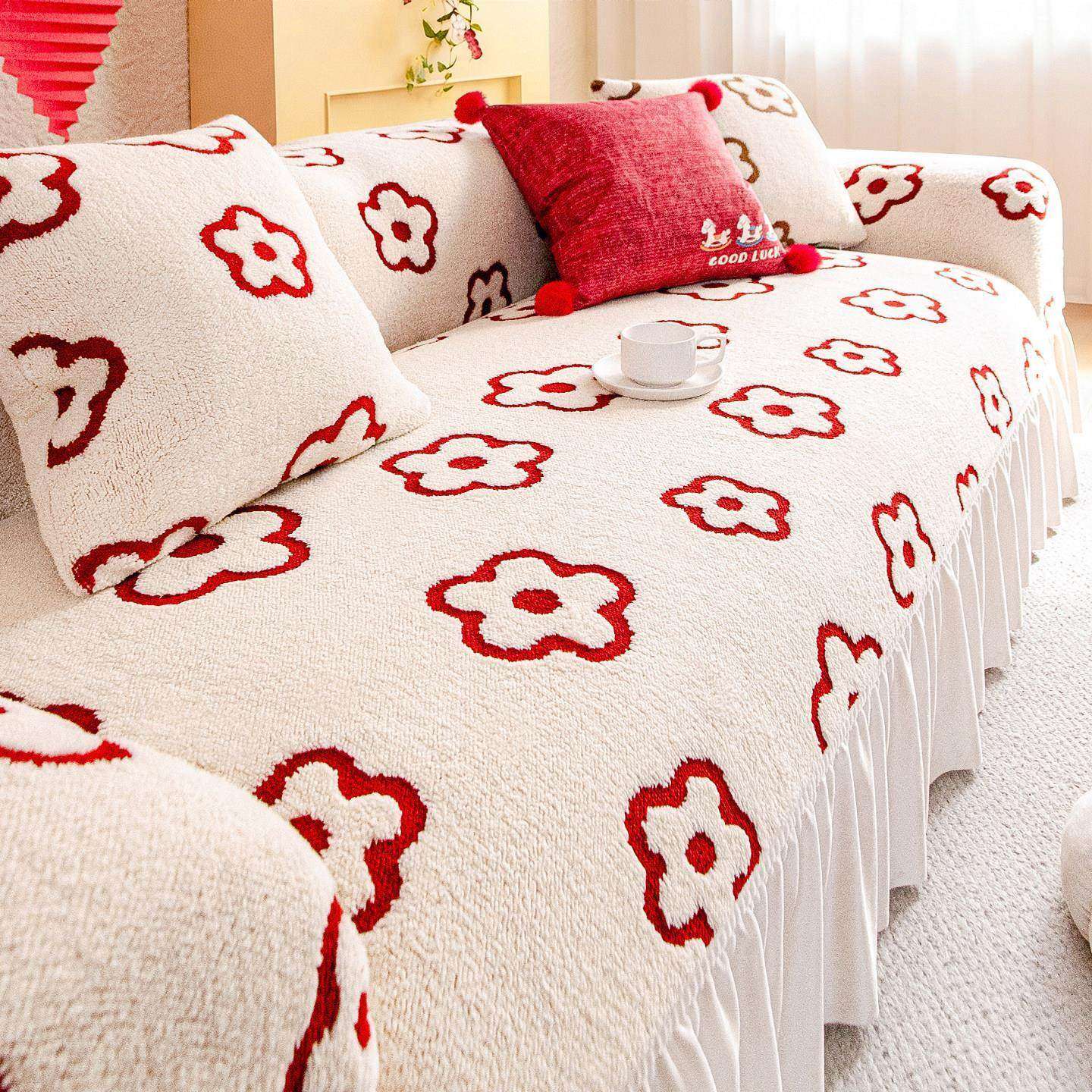 新年喜庆舒棉绒裙边沙发罩全包万能套2026新款冬季加厚沙发套罩垫,居家布艺,沙发垫,淘宝优惠券,粉丝福利购,淘宝优惠卷