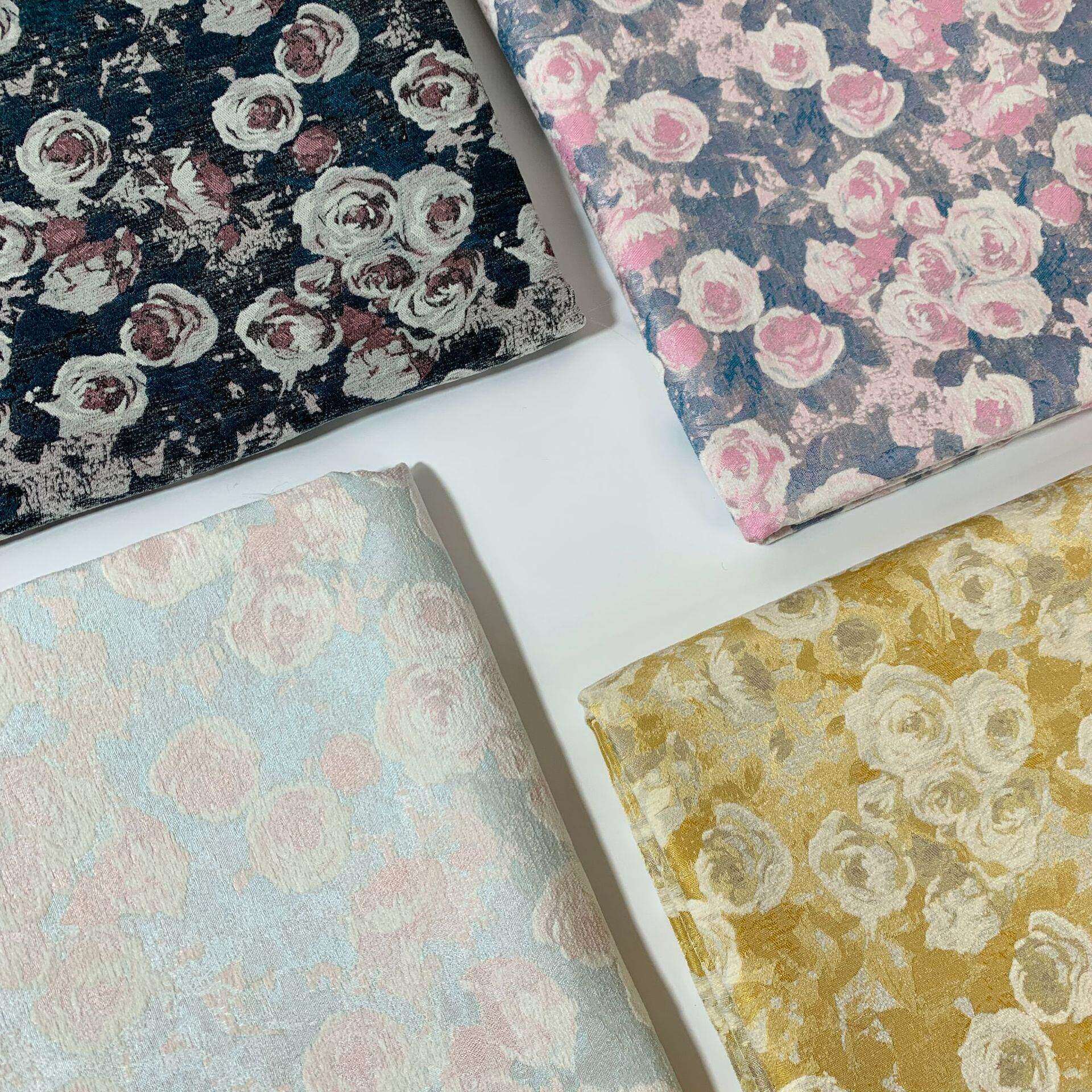 秋冬新款雪尼尔提花油画风小玫瑰花布手工DIY包抱枕裙子服装面料