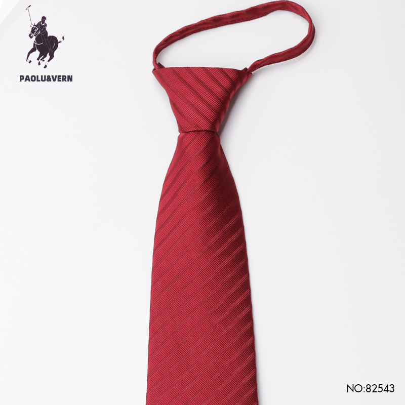 PAOLU&VERN保罗酒红色免打条纹结婚礼新郎伴郎暗红领带男士拉链款
