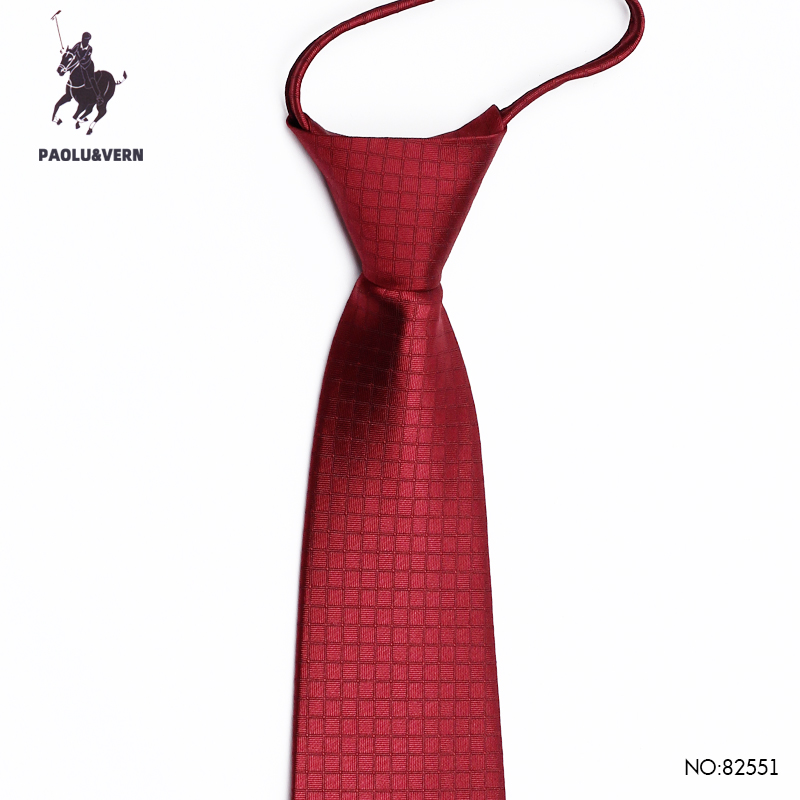 PAOLU&VERN保罗酒红色免打格子结婚礼新郎伴郎暗红领带男士拉链款