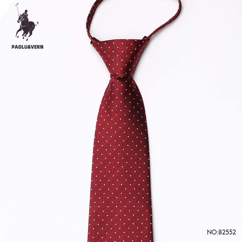PAOLU&VERN保罗波点酒红色免打结婚礼新郎伴郎暗红领带男士拉链款
