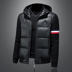冬季轻奢潮牌男款针织袖拼接连帽羽绒服修身白鸭绒保暖外套轻薄款