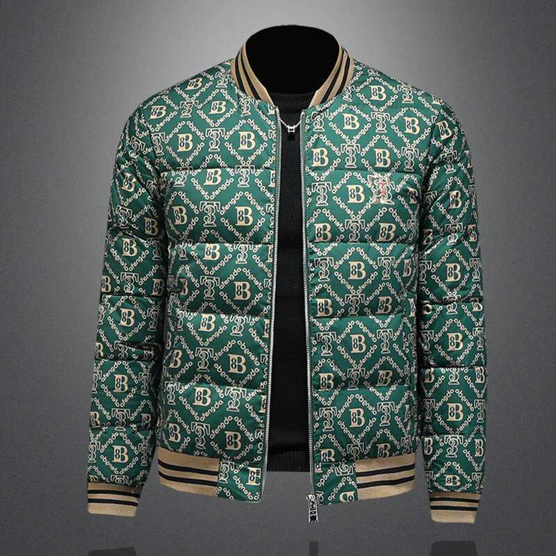 冬季轻薄款欧货潮牌印花绿色羽绒服修身轻奢男款潮流保暖羽绒外套