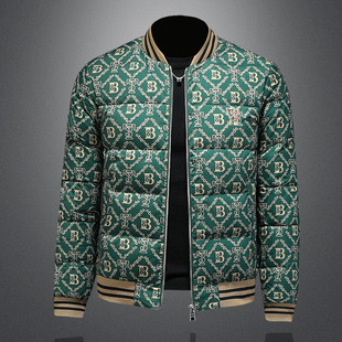 冬季轻薄款欧货潮牌印花绿色羽绒服修身轻奢男款潮流保暖羽绒外套