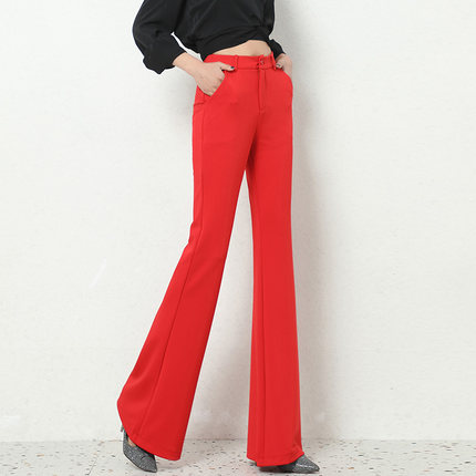 红色大喇叭裤女长裤高腰垂感显瘦夏季新款加长休闲气质西装喇叭裤