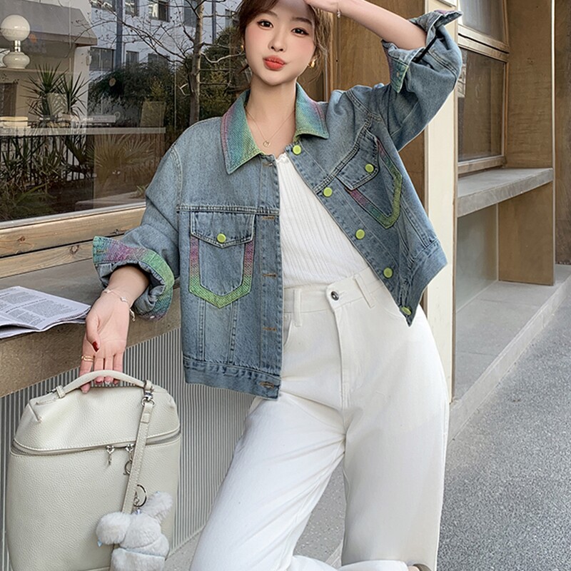 2025年春秋季短款牛仔外套彩色拼色彩虹色糖果色女春秋衫甜美