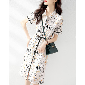 RM6700#仿真丝印花2023夏夏季裙子修身收腰字母气质显瘦连衣裙
