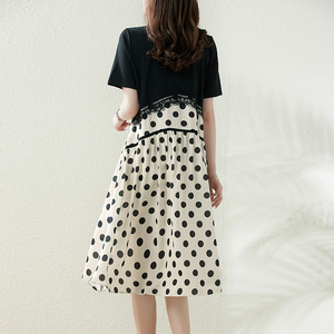 RM8096#夏新品时尚欧版黑色撞色波点花边拼接宽松显瘦连衣裙