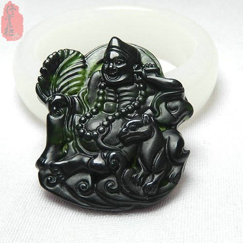 天然墨绿玉黑绿玉济公玉佩