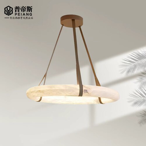 法式轻奢全铜客厅云石吊灯现代简约大气环型灯别墅复式楼梯大厅灯