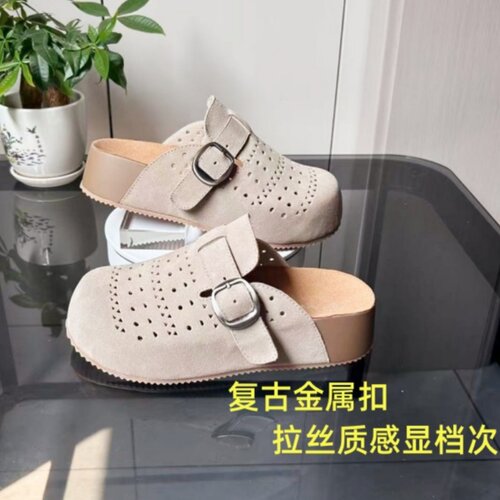 真皮女包头厚底镂空勃肯半拖