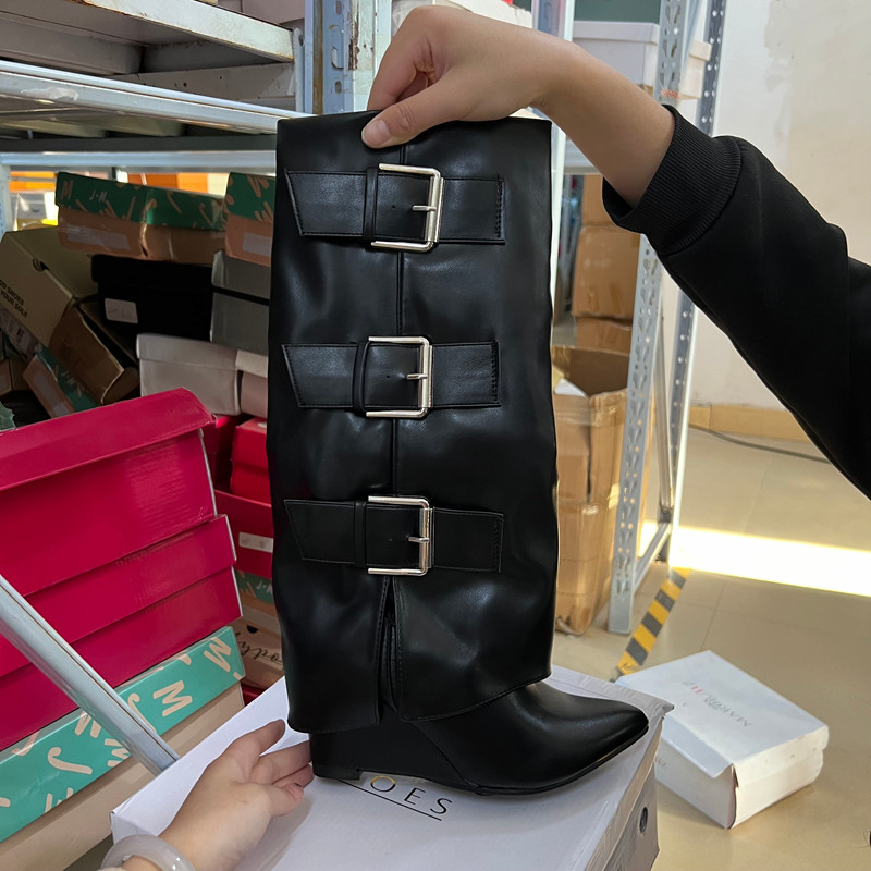 欧美风复古断码捡漏女靴尖头低跟内增高皮带扣大筒围长靴,女鞋,骑士靴,淘宝优惠券,粉丝福利购,淘宝优惠卷