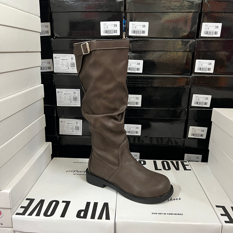 出口外贸时尚欧美女鞋圆头低跟套筒长筒靴皮带扣显瘦靴子